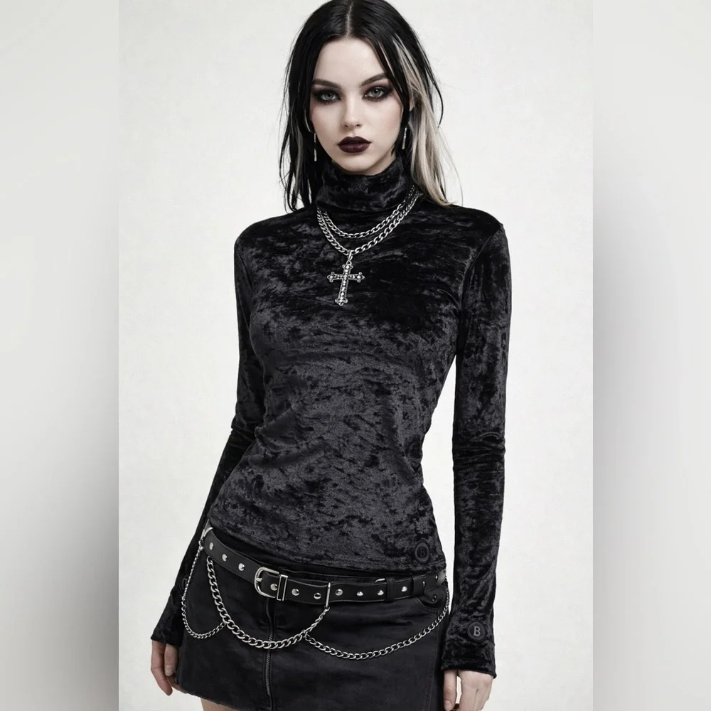 BOGNER Black Crushed Velvet Turtleneck Top Y2K Gothic Après Ski Performance 14 - Picture 3 of 16